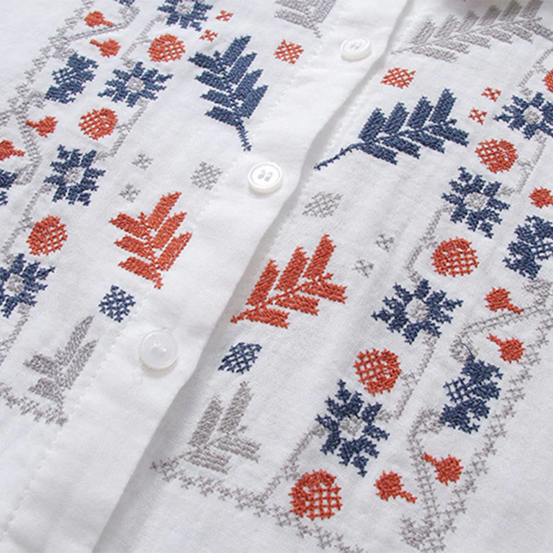 Camicia da donna in cotone a maniche lunghe con bottoni, motivo floreale a righe geometriche bianche, motivo Buddha Stones Fall - Image 6
