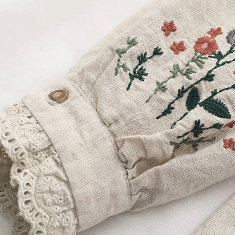 Camicia da donna in cotone a maniche lunghe con bottoni ricamati a fiori beige Buddha Stones Fall - Image 7