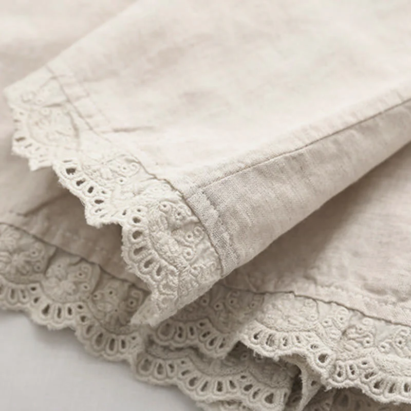 Camicia da donna in cotone a maniche lunghe con bottoni ricamati a fiori beige Buddha Stones Fall - Image 9