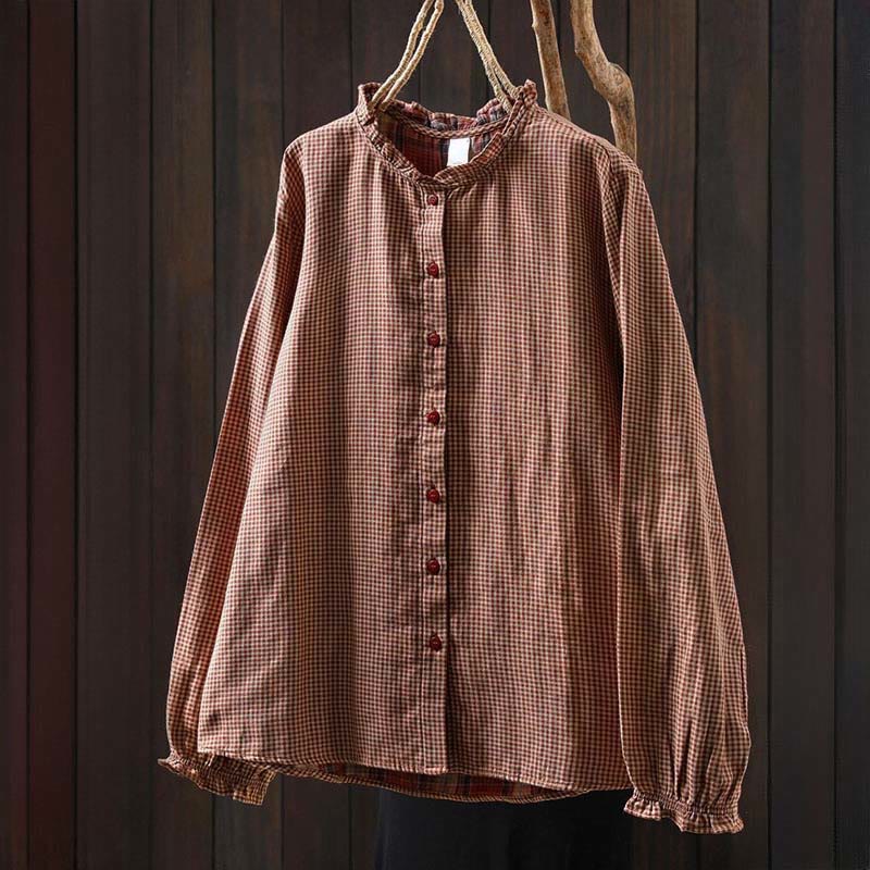 Camicia da donna in cotone a maniche lunghe con colletto a volant e bottoni a quadri piccoli Buddha Stones Fall - Image 2