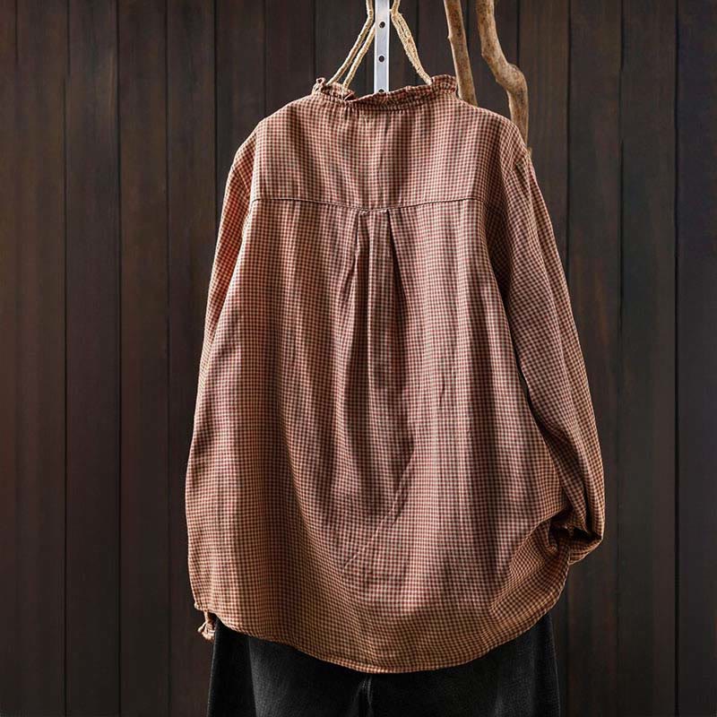 Camicia da donna in cotone a maniche lunghe con colletto a volant e bottoni a quadri piccoli Buddha Stones Fall - Image 3