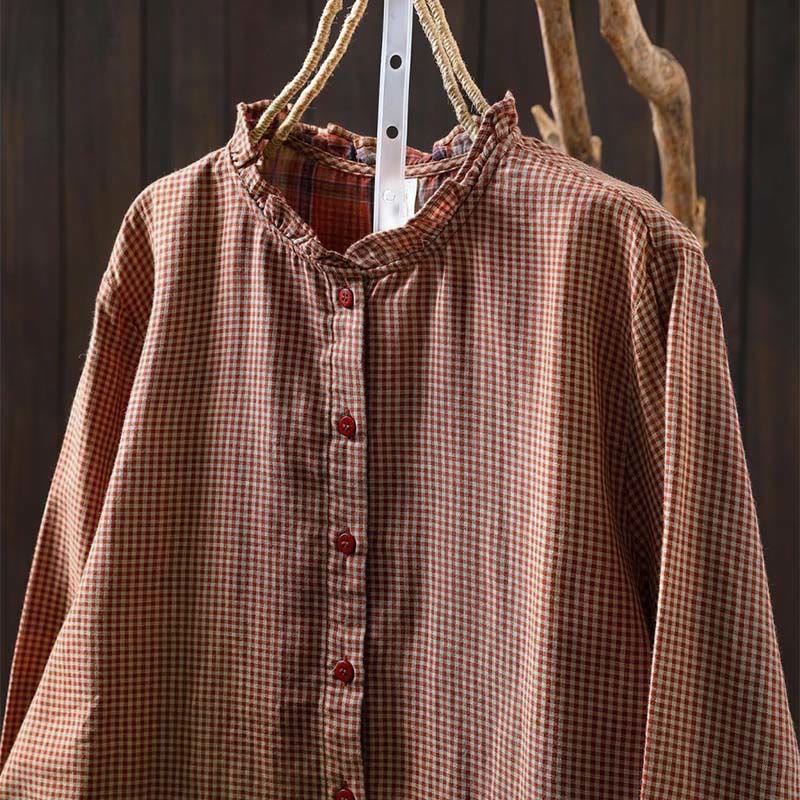 Camicia da donna in cotone a maniche lunghe con colletto a volant e bottoni a quadri piccoli Buddha Stones Fall - Image 4