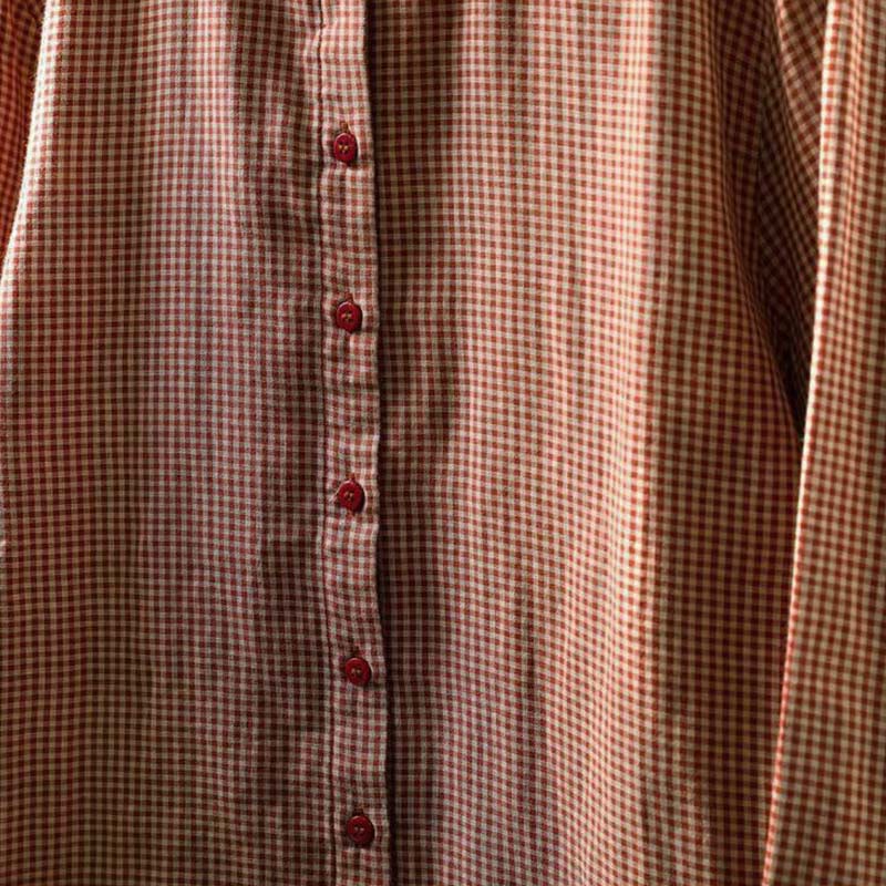 Camicia da donna in cotone a maniche lunghe con colletto a volant e bottoni a quadri piccoli Buddha Stones Fall - Image 9