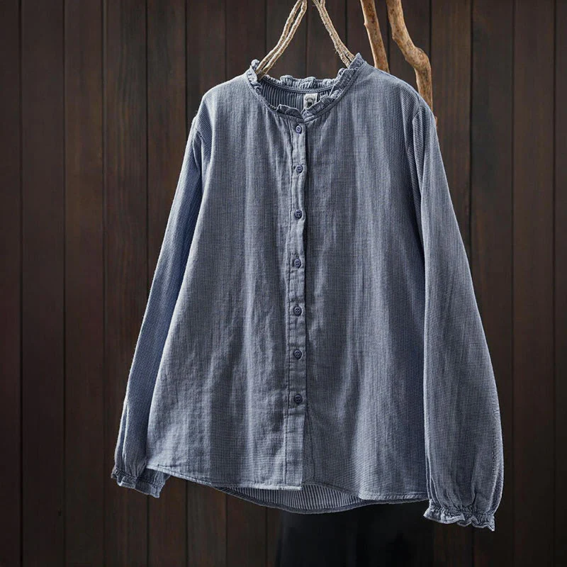 Camicia da donna in cotone a maniche lunghe con colletto a volant e piccoli bottoni a quadri Buddha Stones Fall - Image 2