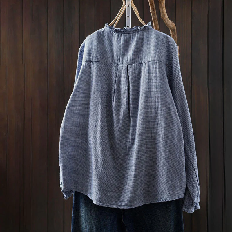 Camicia da donna in cotone a maniche lunghe con colletto a volant e piccoli bottoni a quadri Buddha Stones Fall - Image 3