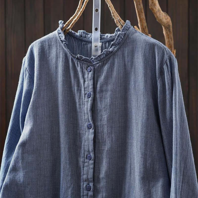 Camicia da donna in cotone a maniche lunghe con colletto a volant e piccoli bottoni a quadri Buddha Stones Fall - Image 4
