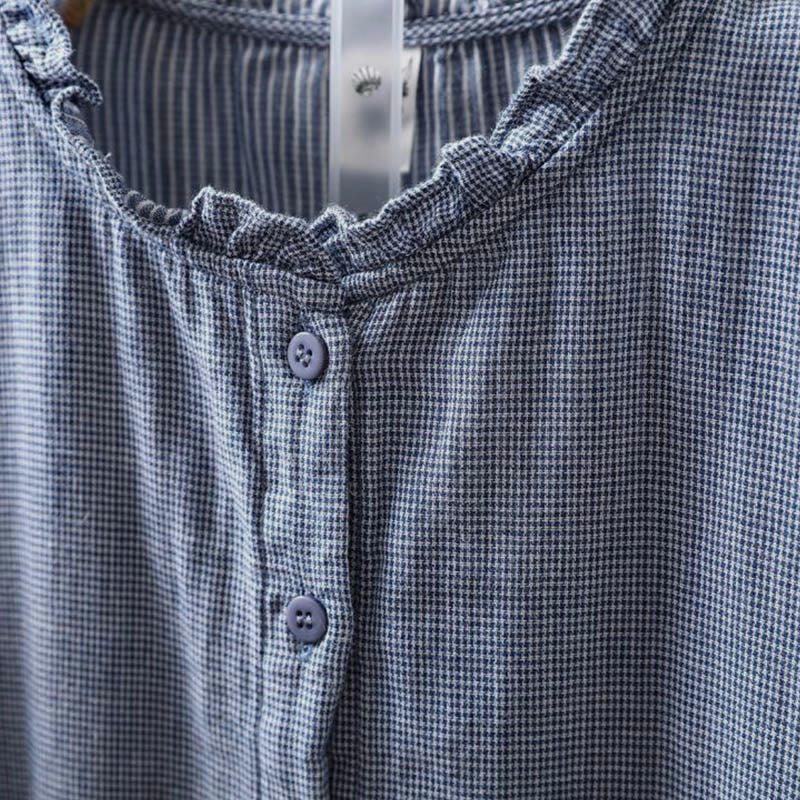 Camicia da donna in cotone a maniche lunghe con colletto a volant e piccoli bottoni a quadri Buddha Stones Fall - Image 5