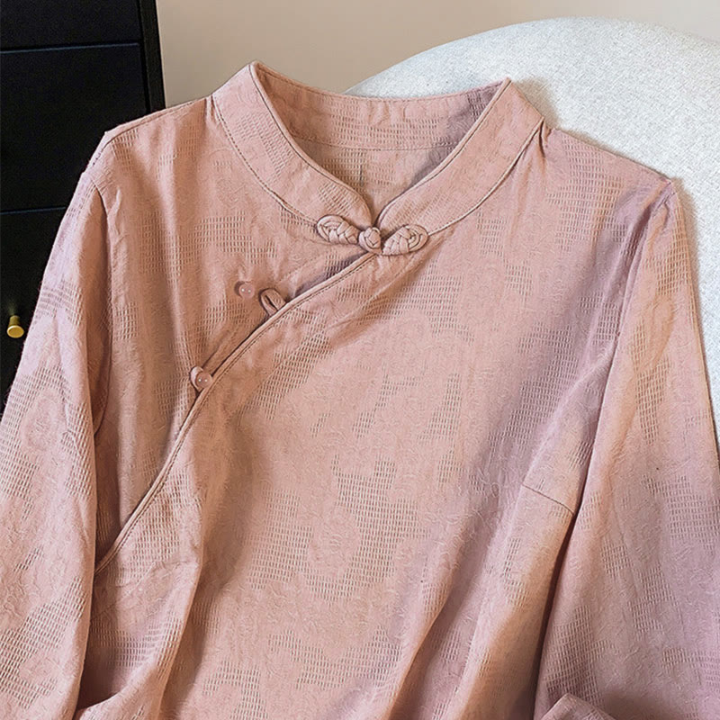 Camicia da donna in cotone a maniche lunghe con colletto alla coreana, bottoni cinesi e motivo a rana in jacquard Buddha Stones Commute - Image 24