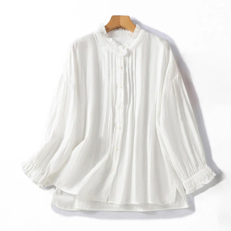 Camicia da donna in cotone a maniche lunghe con colletto arricciato bianco Buddha Stones