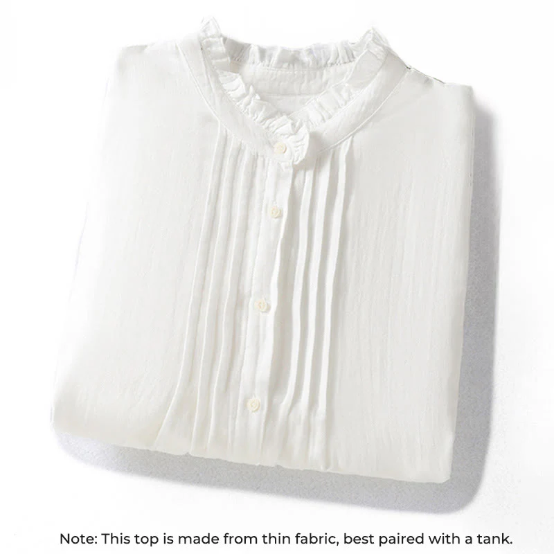 Camicia da donna in cotone a maniche lunghe con colletto arricciato bianco Buddha Stones - Image 3