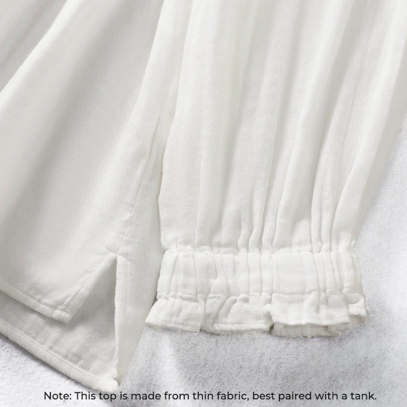 Camicia da donna in cotone a maniche lunghe con colletto arricciato bianco Buddha Stones - Image 7