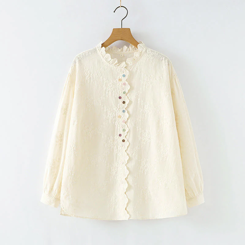 Camicia da donna in cotone a maniche lunghe con colletto arricciato, bottoni a rilievo ricamati con fiori Buddha Stones Fall