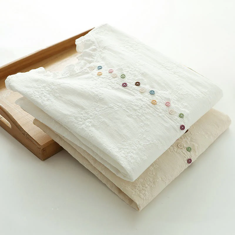 Camicia da donna in cotone a maniche lunghe con colletto arricciato, bottoni a rilievo ricamati con fiori Buddha Stones Fall - Image 16