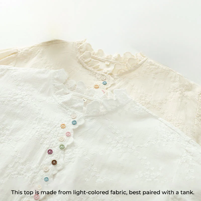 Camicia da donna in cotone a maniche lunghe con colletto arricciato, bottoni a rilievo ricamati con fiori Buddha Stones Fall - Image 5