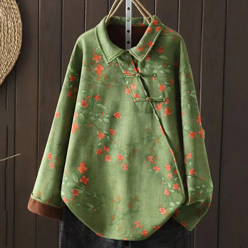 Camicia da donna in cotone a maniche lunghe con colletto rialzato, bottoni a rana, Buddha Stones, fiori invernali, foglie verdi - Image 9