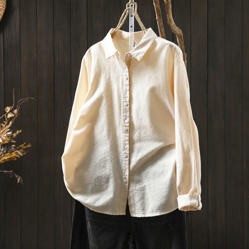 Camicia da donna in cotone a maniche lunghe con colletto rialzato e bottoni in tinta unita, Buddha Stones Fall