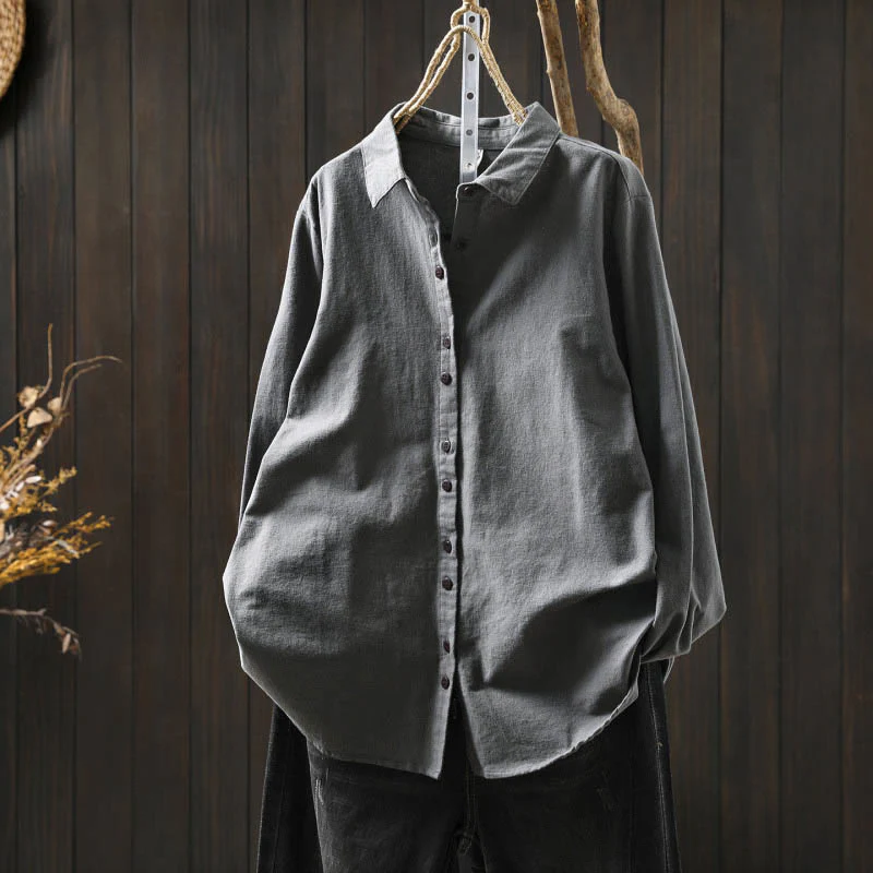 Camicia da donna in cotone a maniche lunghe con colletto rialzato e bottoni in tinta unita, Buddha Stones Fall - Image 19