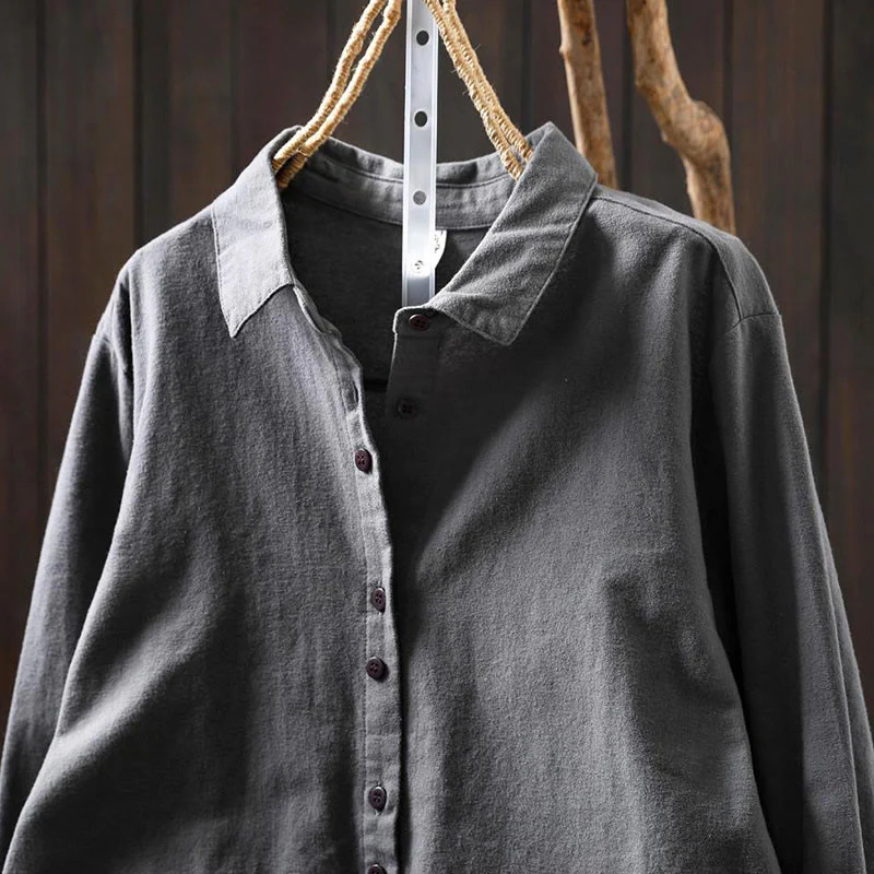 Camicia da donna in cotone a maniche lunghe con colletto rialzato e bottoni in tinta unita, Buddha Stones Fall - Image 20