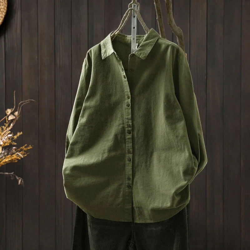 Camicia da donna in cotone a maniche lunghe con colletto rialzato e bottoni in tinta unita, Buddha Stones Fall - Image 23
