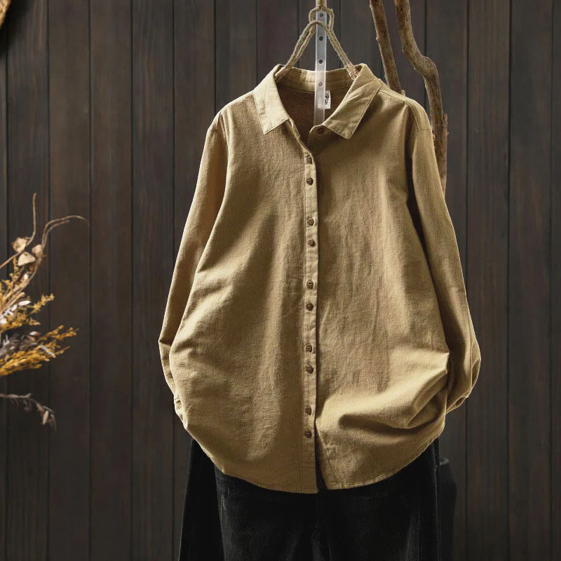 Camicia da donna in cotone a maniche lunghe con colletto rialzato e bottoni in tinta unita, Buddha Stones Fall - Image 25