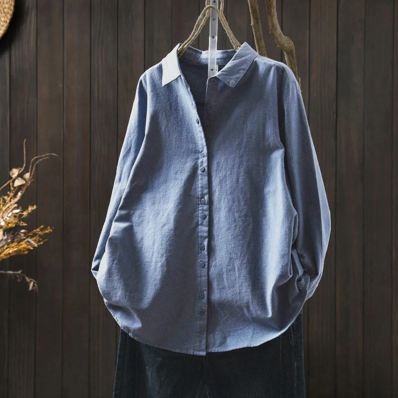 Camicia da donna in cotone a maniche lunghe con colletto rialzato e bottoni in tinta unita, Buddha Stones Fall - Image 27