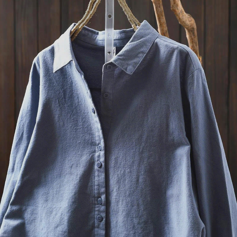 Camicia da donna in cotone a maniche lunghe con colletto rialzato e bottoni in tinta unita, Buddha Stones Fall - Image 28