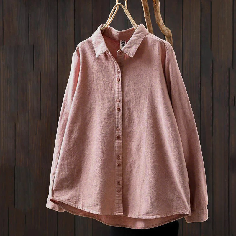 Camicia da donna in cotone a maniche lunghe con colletto rialzato e bottoni in tinta unita, Buddha Stones Fall - Image 4