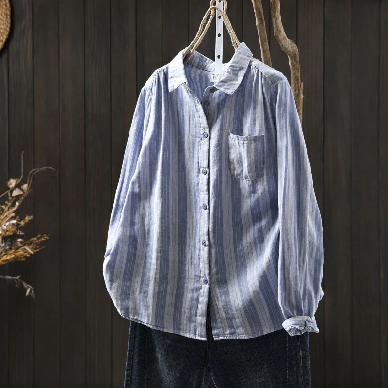 Camicia da donna in cotone a maniche lunghe con colletto rialzato e righe verticali autunnali Buddha Stones