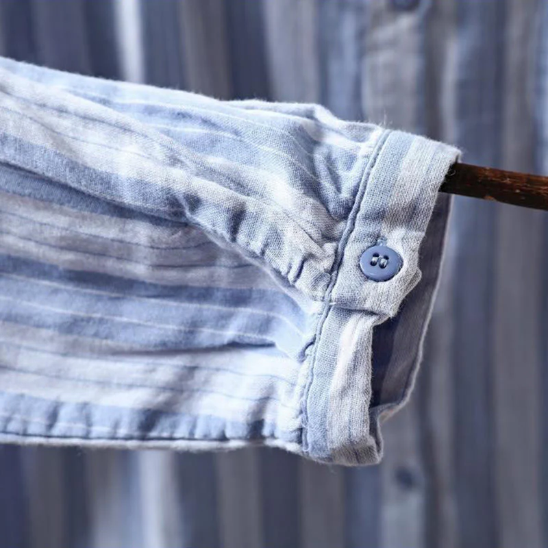 Camicia da donna in cotone a maniche lunghe con colletto rialzato e righe verticali autunnali Buddha Stones - Image 10