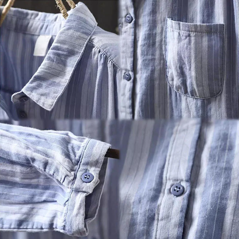 Camicia da donna in cotone a maniche lunghe con colletto rialzato e righe verticali autunnali Buddha Stones - Image 13