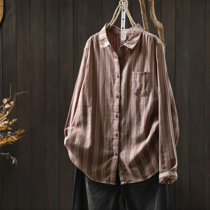 Camicia da donna in cotone a maniche lunghe con colletto rialzato e righe verticali autunnali Buddha Stones - Image 14