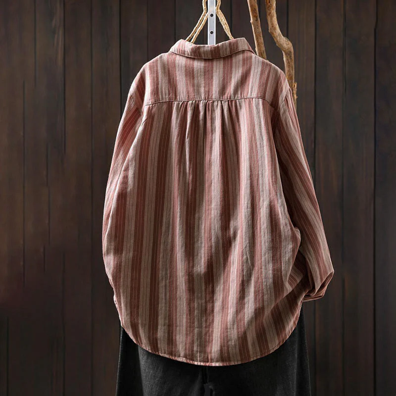 Camicia da donna in cotone a maniche lunghe con colletto rialzato e righe verticali autunnali Buddha Stones - Image 15
