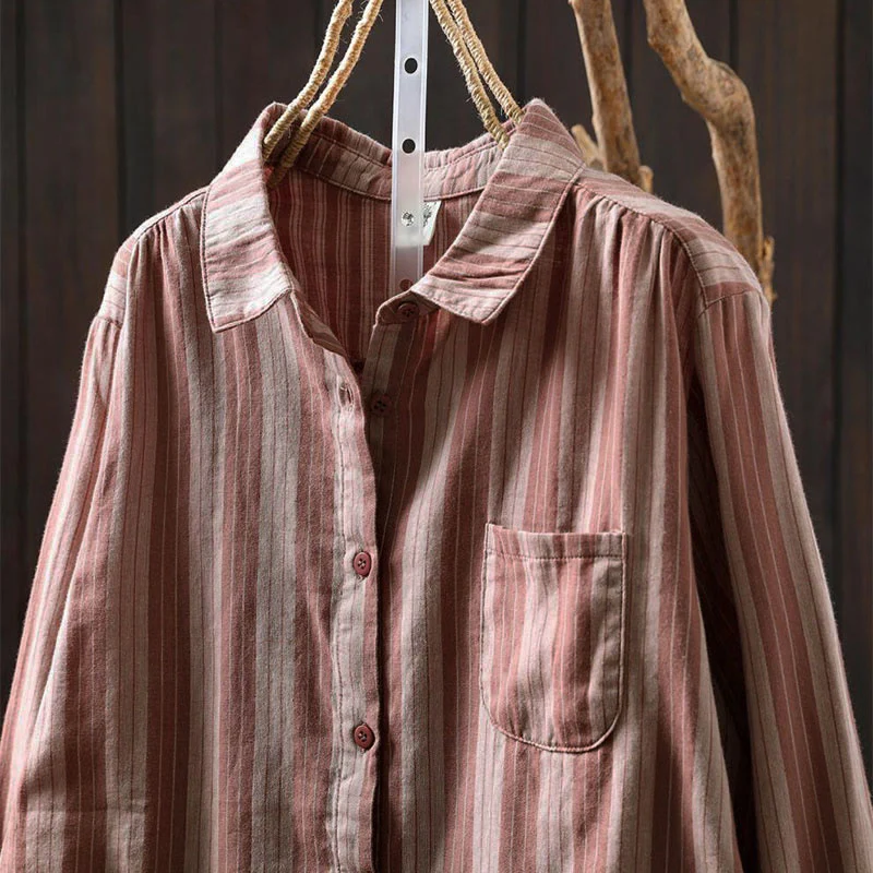 Camicia da donna in cotone a maniche lunghe con colletto rialzato e righe verticali autunnali Buddha Stones - Image 16