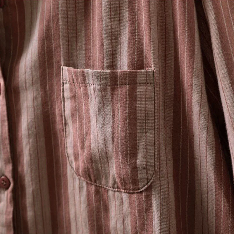 Camicia da donna in cotone a maniche lunghe con colletto rialzato e righe verticali autunnali Buddha Stones - Image 17