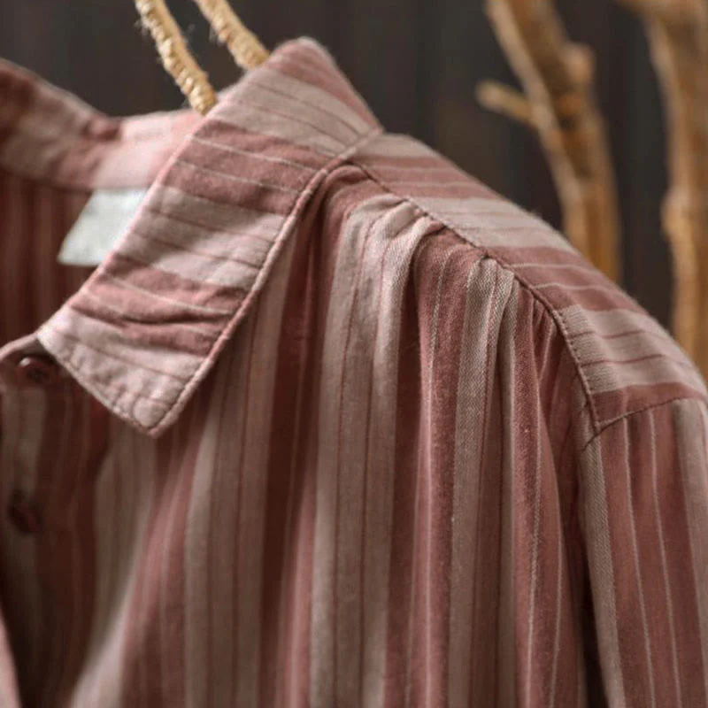 Camicia da donna in cotone a maniche lunghe con colletto rialzato e righe verticali autunnali Buddha Stones - Image 18