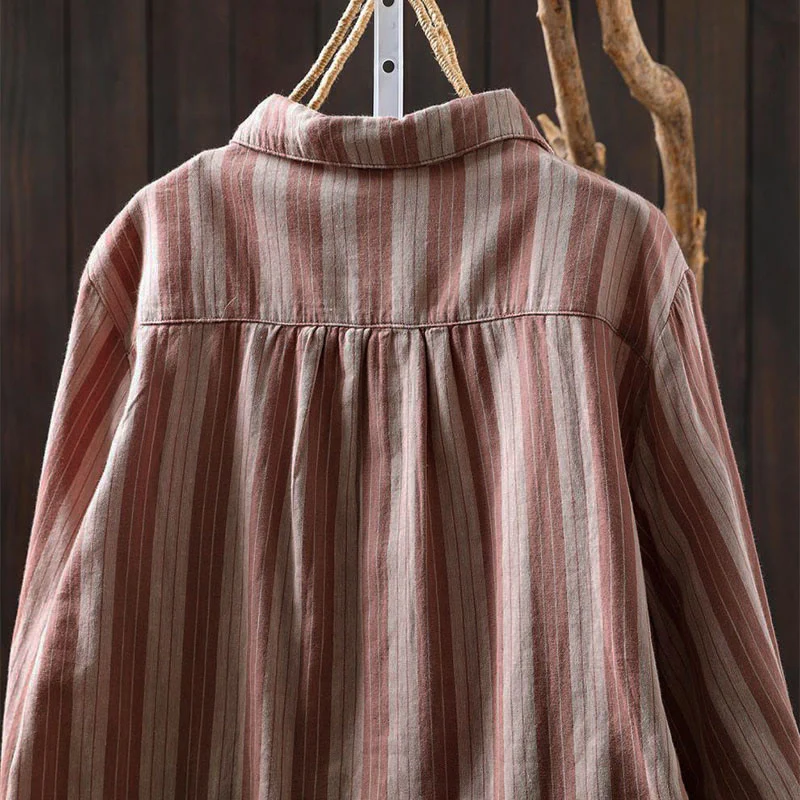 Camicia da donna in cotone a maniche lunghe con colletto rialzato e righe verticali autunnali Buddha Stones - Image 19
