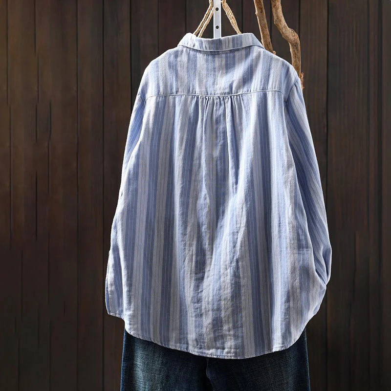 Camicia da donna in cotone a maniche lunghe con colletto rialzato e righe verticali autunnali Buddha Stones - Image 2