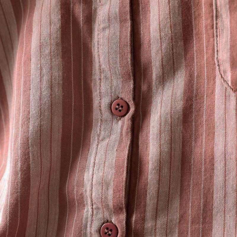 Camicia da donna in cotone a maniche lunghe con colletto rialzato e righe verticali autunnali Buddha Stones - Image 21
