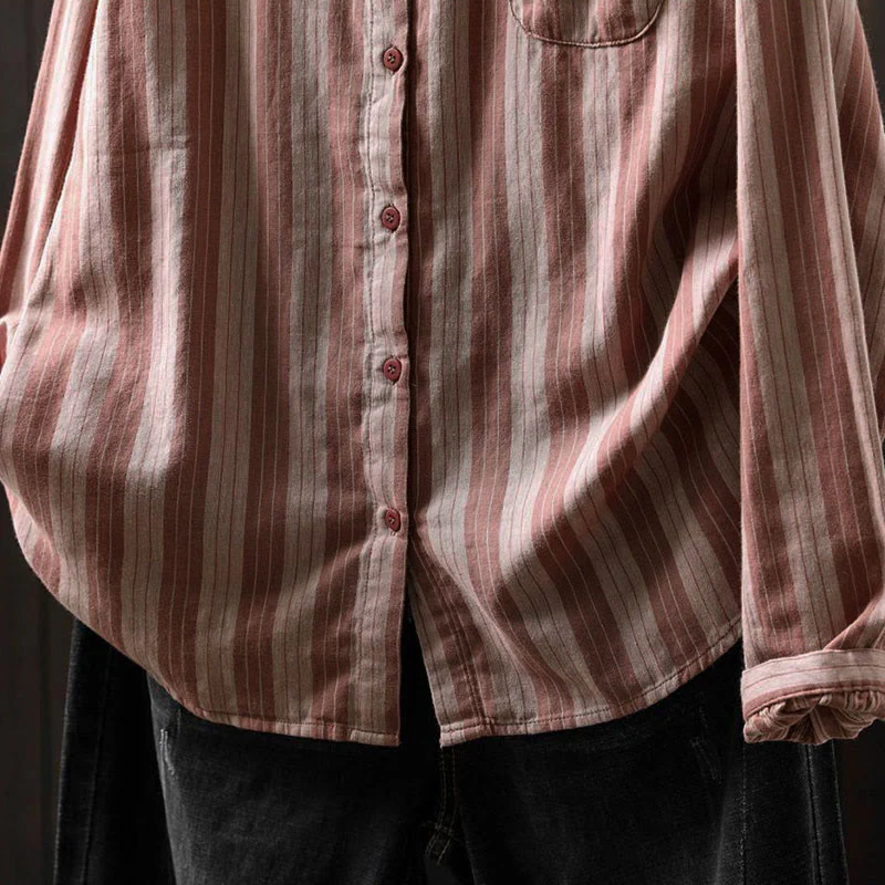 Camicia da donna in cotone a maniche lunghe con colletto rialzato e righe verticali autunnali Buddha Stones - Image 22