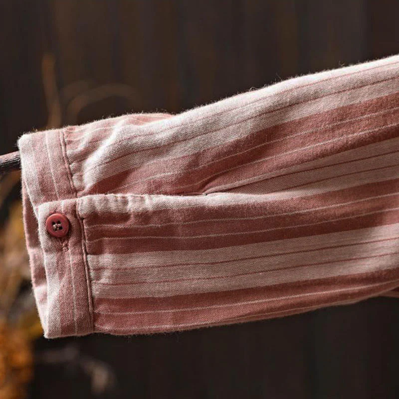 Camicia da donna in cotone a maniche lunghe con colletto rialzato e righe verticali autunnali Buddha Stones - Image 23