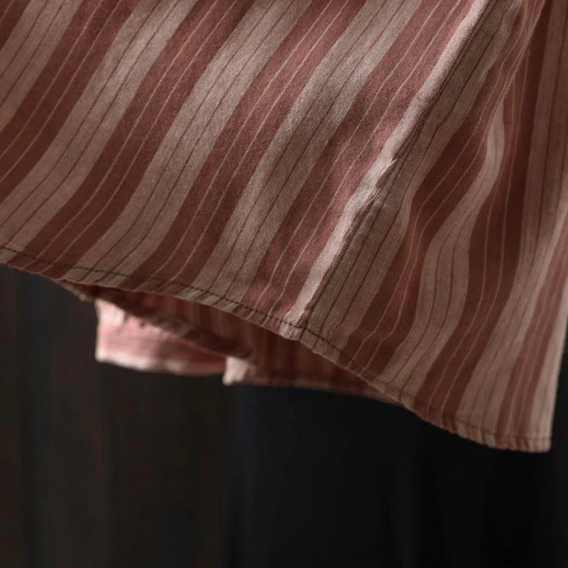 Camicia da donna in cotone a maniche lunghe con colletto rialzato e righe verticali autunnali Buddha Stones - Image 24