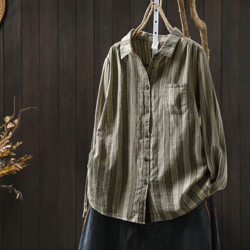 Camicia da donna in cotone a maniche lunghe con colletto rialzato e righe verticali autunnali Buddha Stones - Image 26