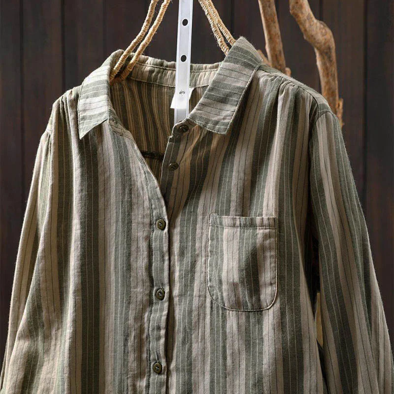 Camicia da donna in cotone a maniche lunghe con colletto rialzato e righe verticali autunnali Buddha Stones - Image 27