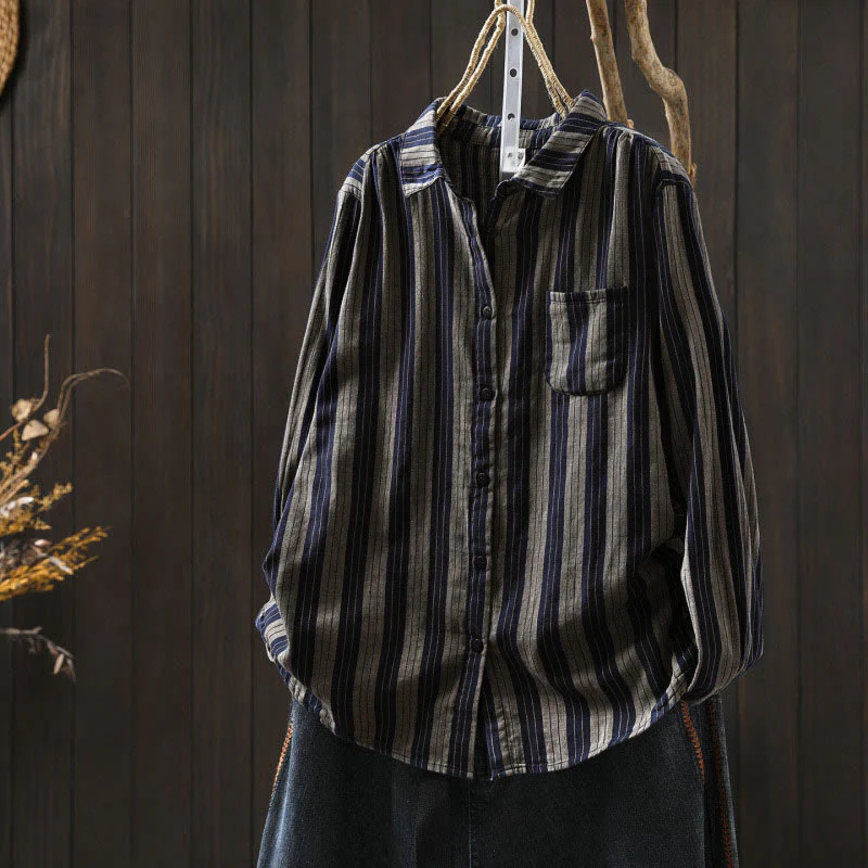 Camicia da donna in cotone a maniche lunghe con colletto rialzato e righe verticali autunnali Buddha Stones - Image 28