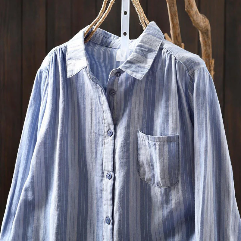 Camicia da donna in cotone a maniche lunghe con colletto rialzato e righe verticali autunnali Buddha Stones - Image 3