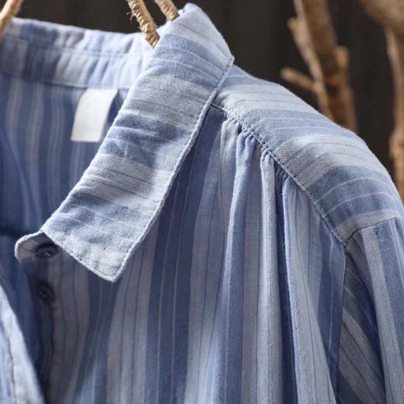 Camicia da donna in cotone a maniche lunghe con colletto rialzato e righe verticali autunnali Buddha Stones - Image 4