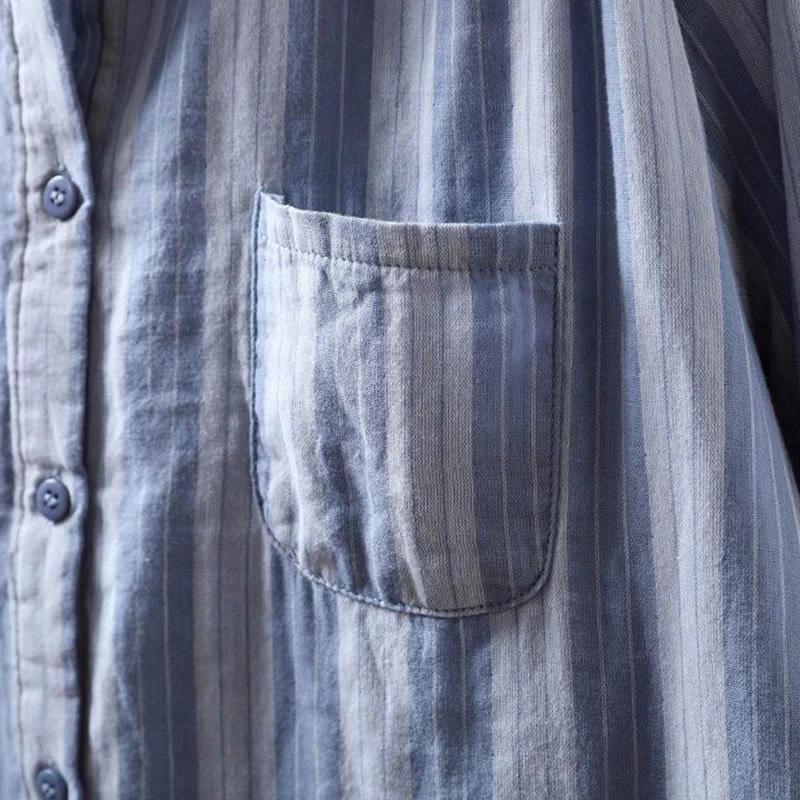Camicia da donna in cotone a maniche lunghe con colletto rialzato e righe verticali autunnali Buddha Stones - Image 7