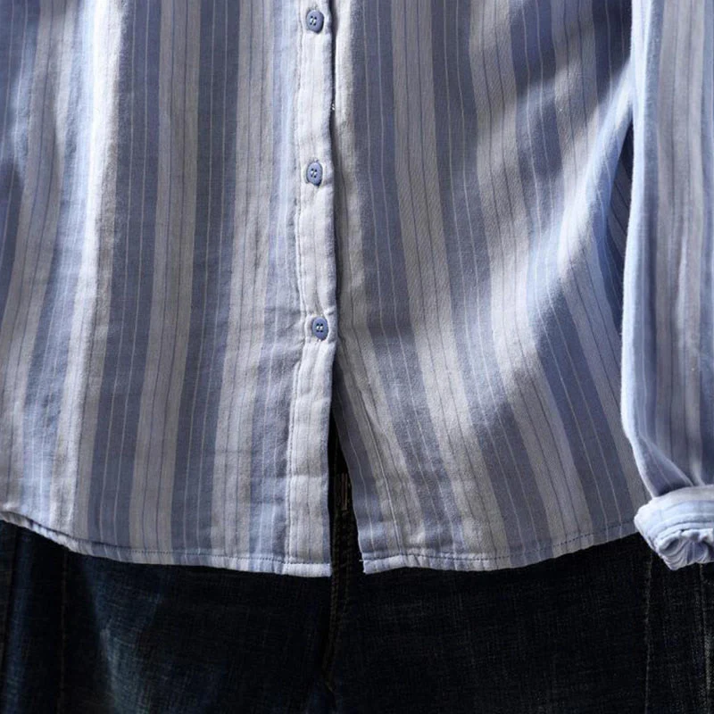 Camicia da donna in cotone a maniche lunghe con colletto rialzato e righe verticali autunnali Buddha Stones - Image 9