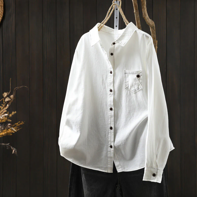 Camicia da donna in cotone a maniche lunghe con colletto rialzato, motivo Buddha Stones Fall Button Down Pocket Decor Design