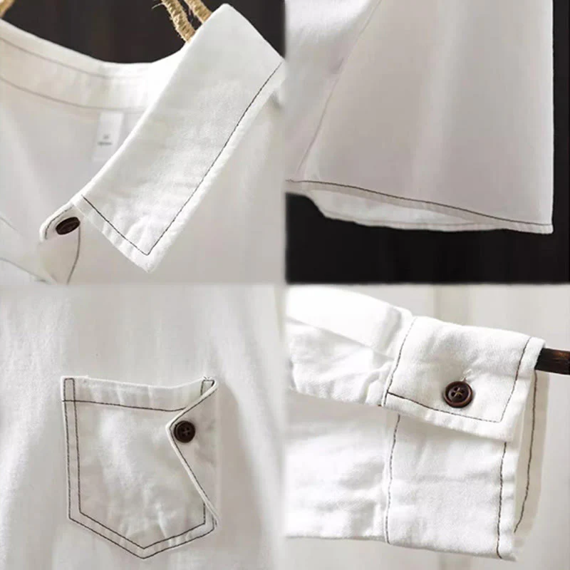 Camicia da donna in cotone a maniche lunghe con colletto rialzato, motivo Buddha Stones Fall Button Down Pocket Decor Design - Image 13